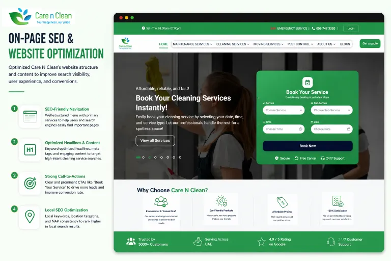 On-page SEO and website optimization for a cleaning services business