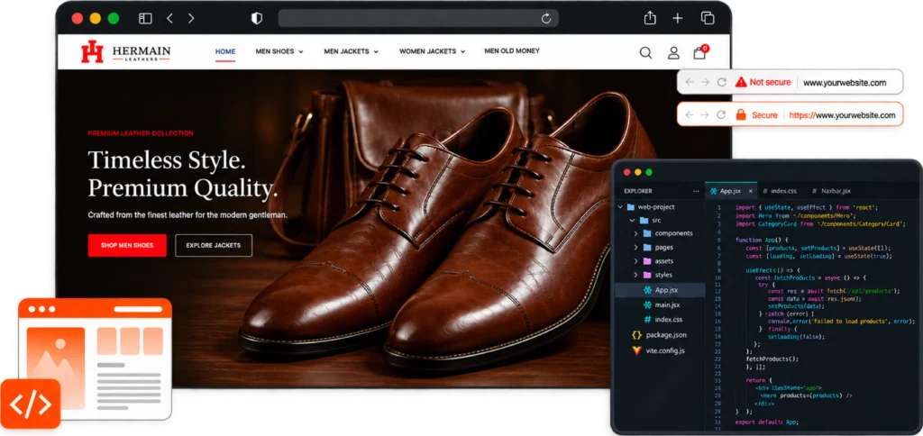 Ecommerce website development for a leather shoes brand with code editor