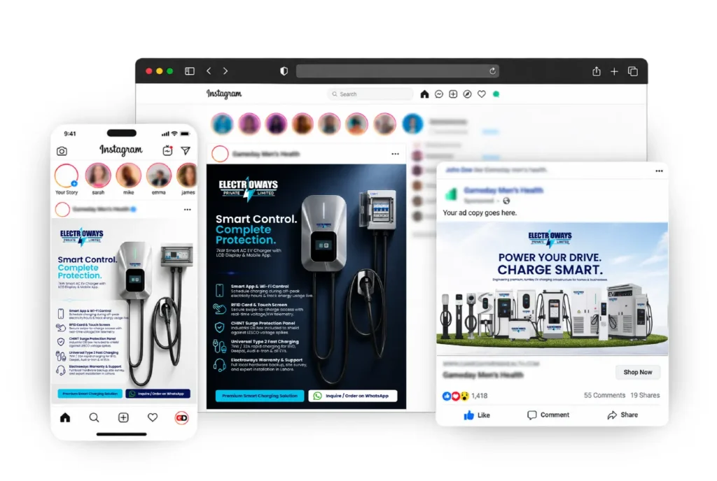 Facebook and Instagram ad creatives designed for an EV charging brand