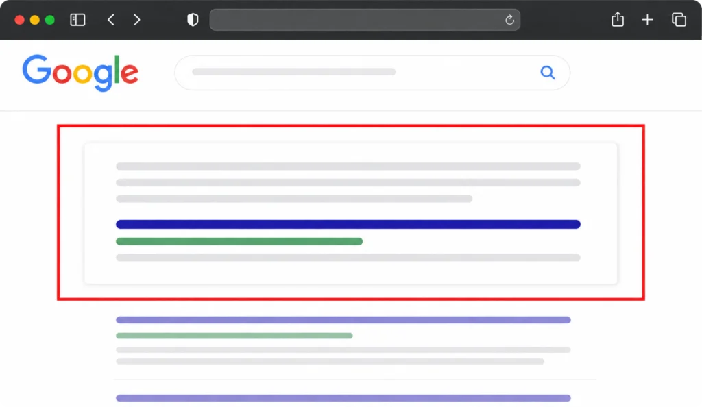 Google search results page wireframe highlighting a top organic listing