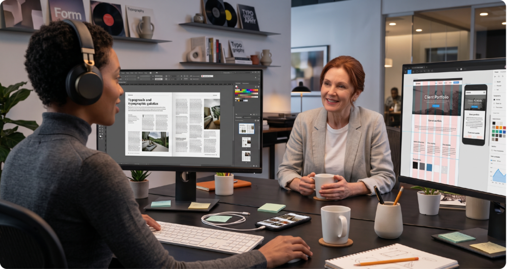 Graphic design team collaborating on client creative projects