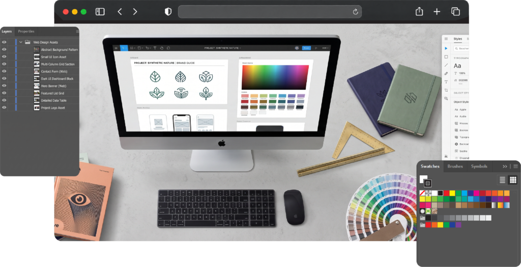 Graphic designer workspace with iMac, color swatches and brand design tools