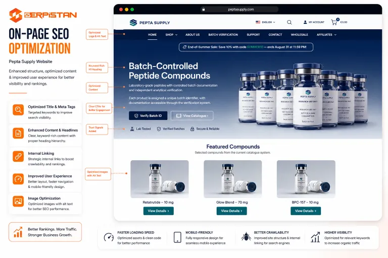 On-page SEO and website optimization for a peptide and research products company