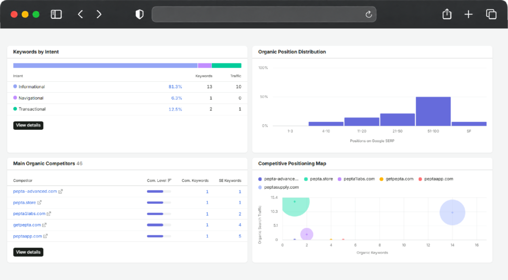 SEO analytics report dashboard with traffic charts