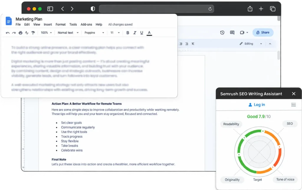 SEO blog content in Google Docs with a readability and SEO score