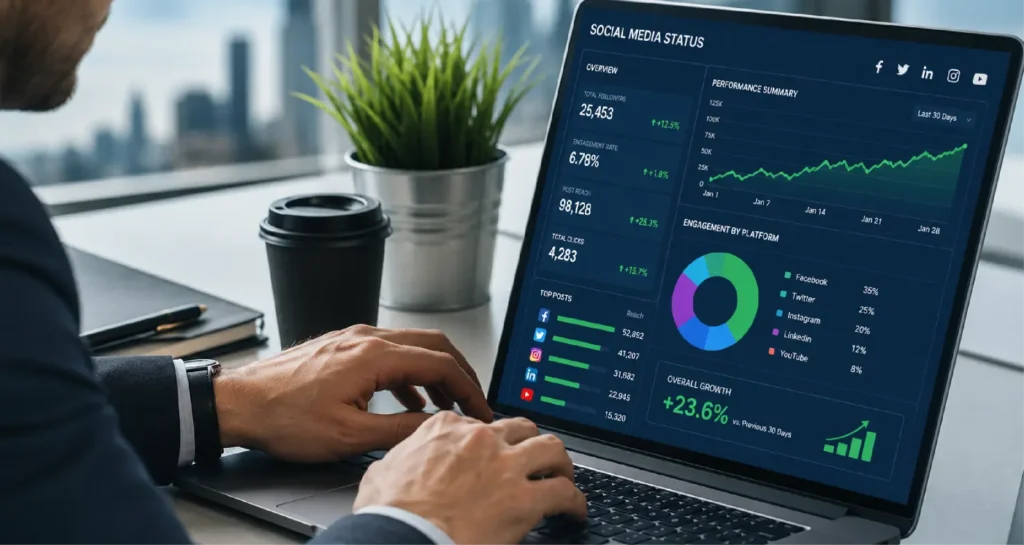 Marketer reviewing a social media analytics dashboard on a laptop