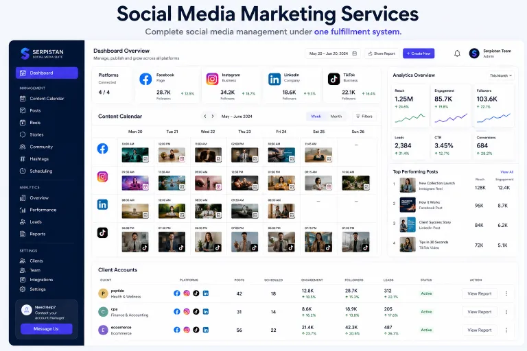 Social media marketing services dashboard with content calendar and posts