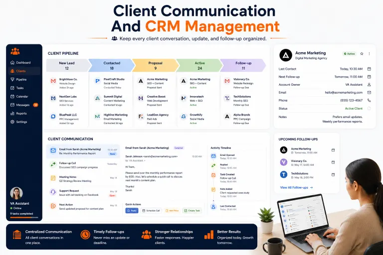 Virtual assistant handling client communication and CRM management