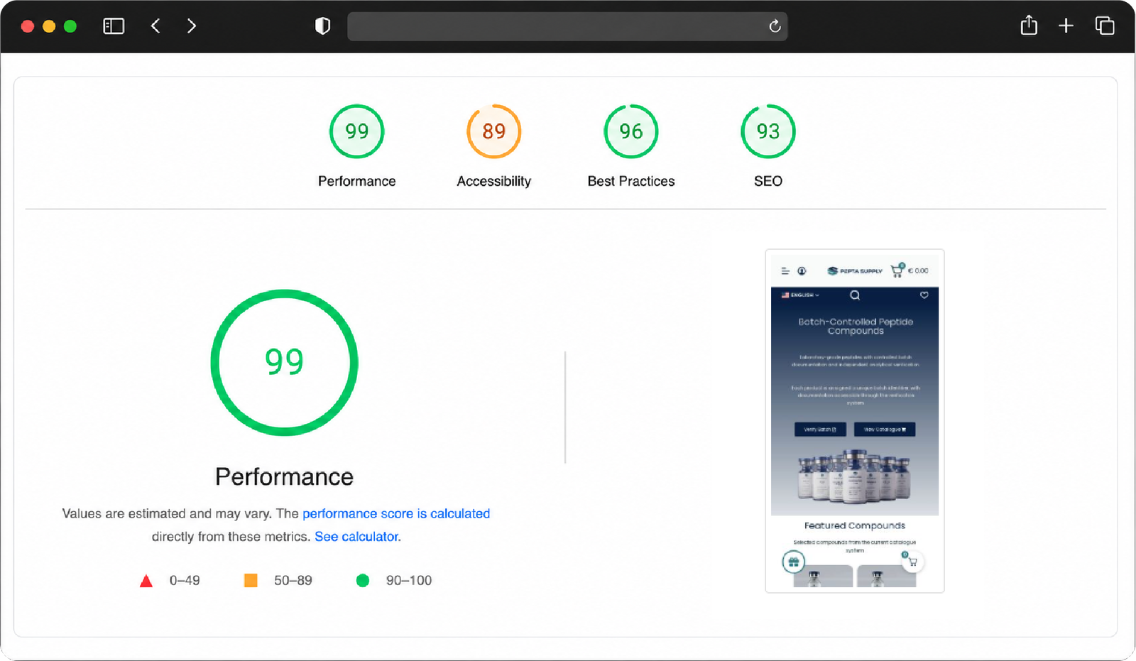 Website PageSpeed Insights performance score of 99