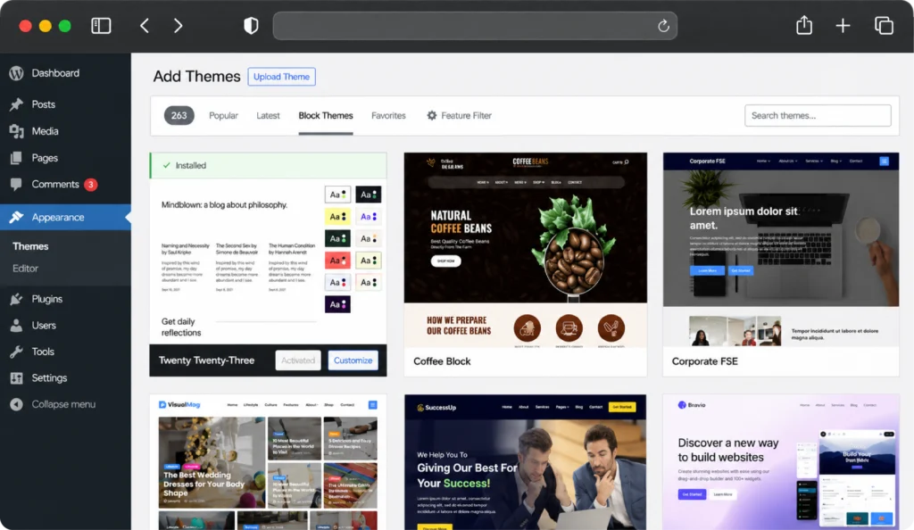 WordPress theme selection and website development dashboard