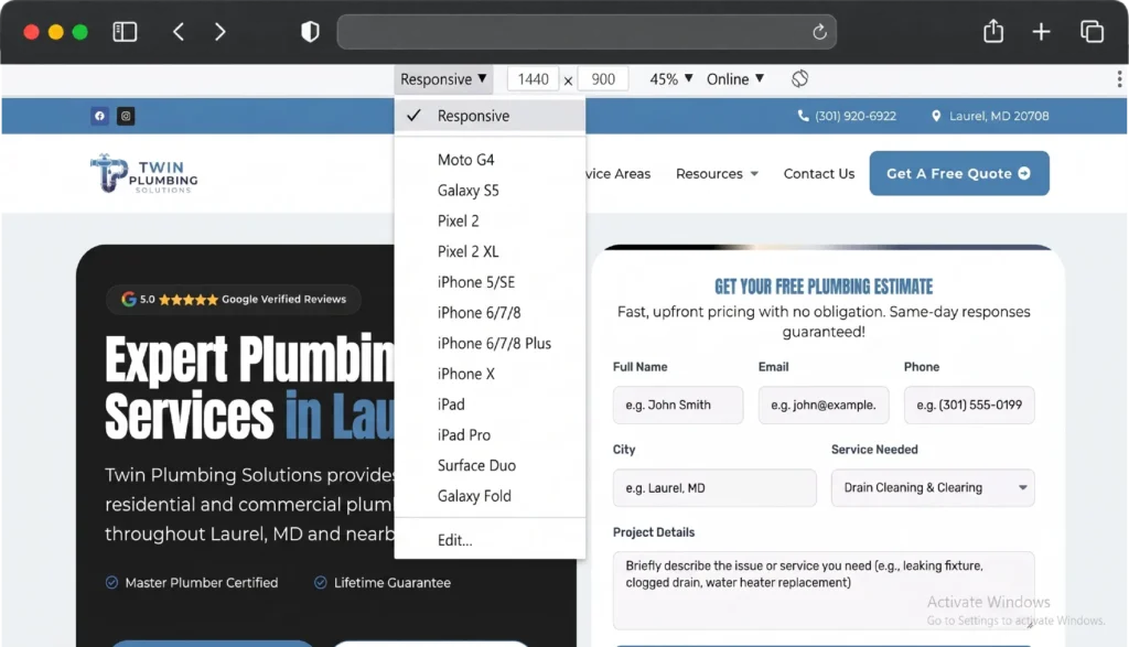 Plumbing company website homepage design with navigation menu and service form
