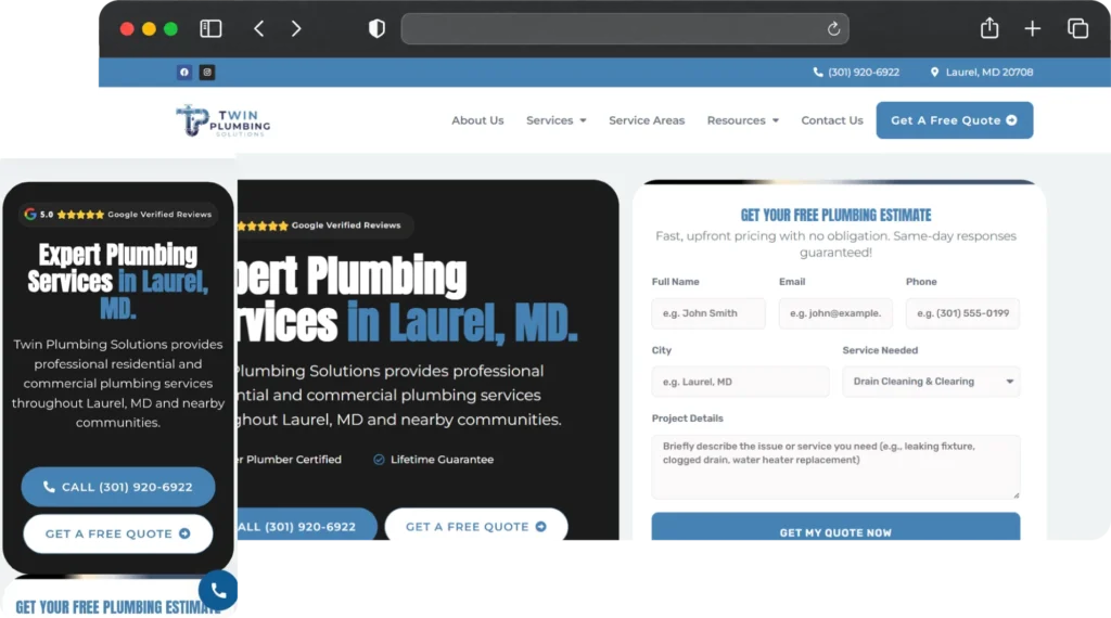 Responsive plumbing website design shown on desktop and mobile screens