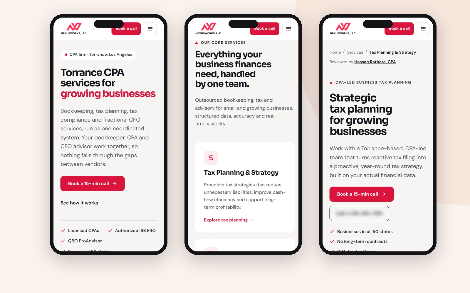CPA Torrance mobile website – home, services and tax planning pages
