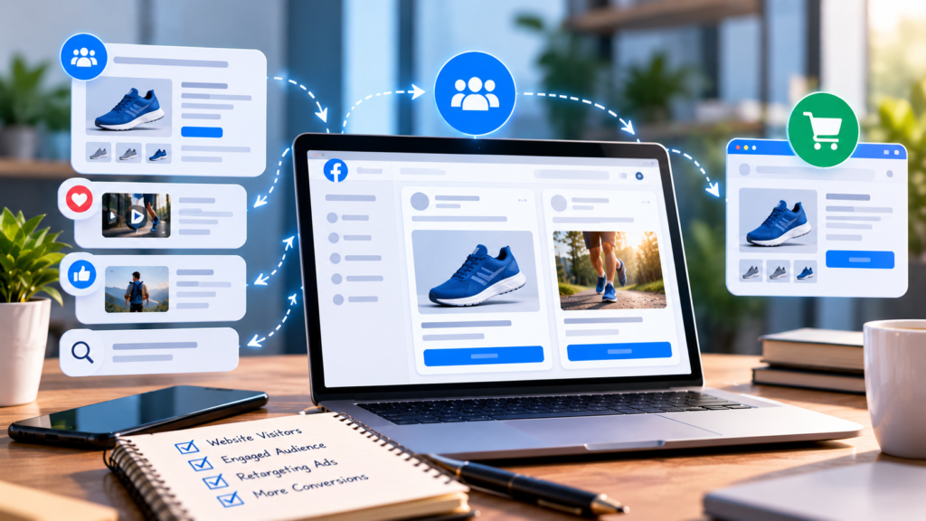 Facebook Ads retargeting funnel workspace showing ad sets, audiences and conversion data