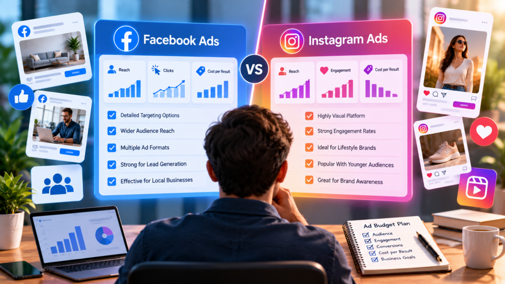 Facebook Ads vs Instagram Ads performance dashboards compared on a marketer's screens