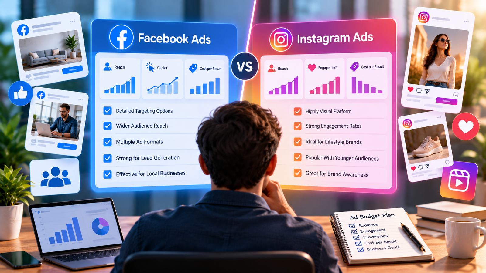 Facebook Ads vs Instagram Ads performance dashboards compared on a marketer's screens