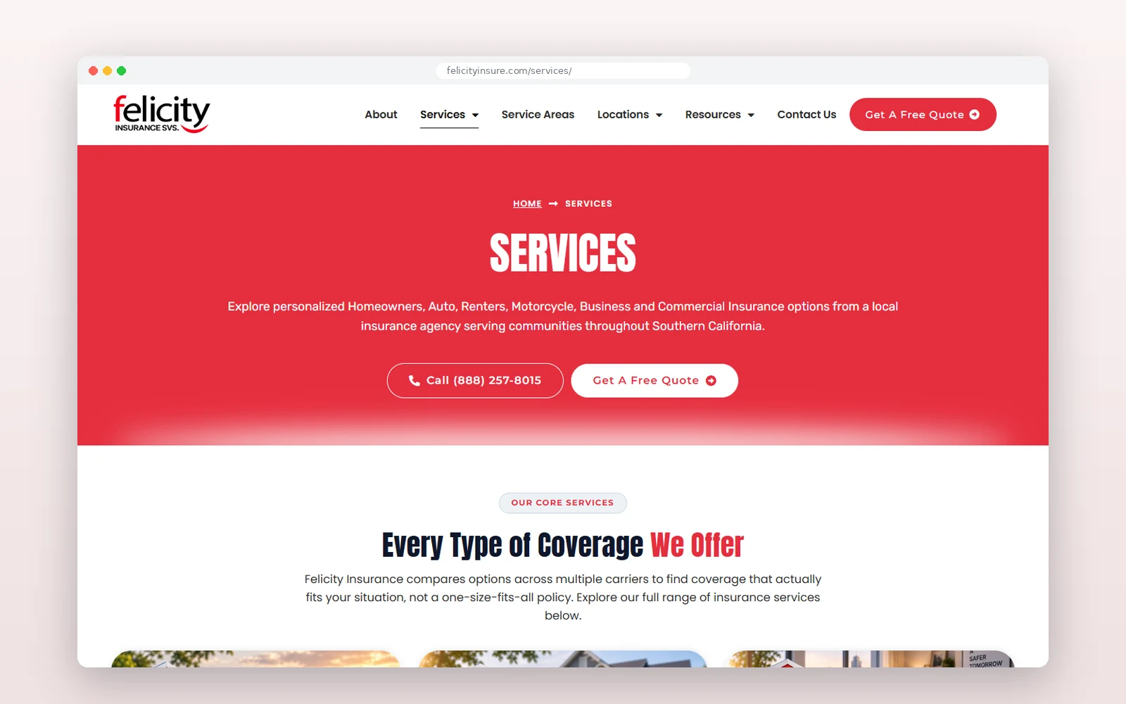 Felicity Insurance Services — services page, built and live