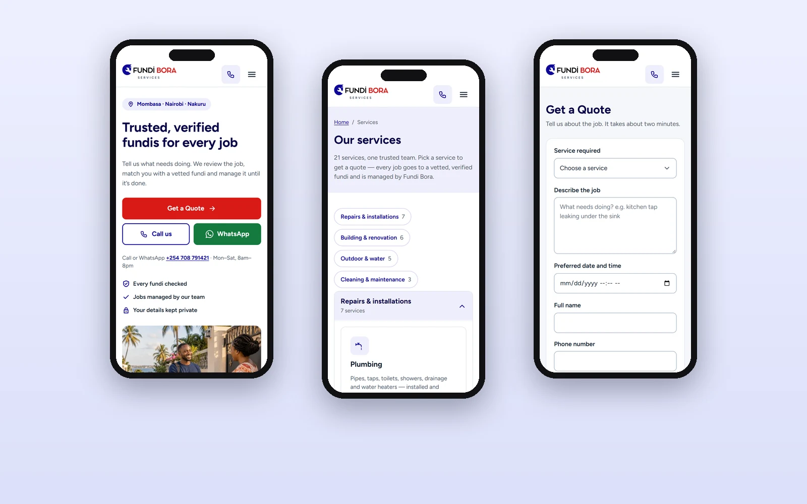 Fundi Bora Services website on mobile phones