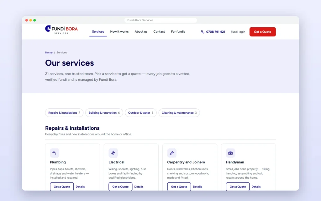 Fundi Bora Services — services page, built and live