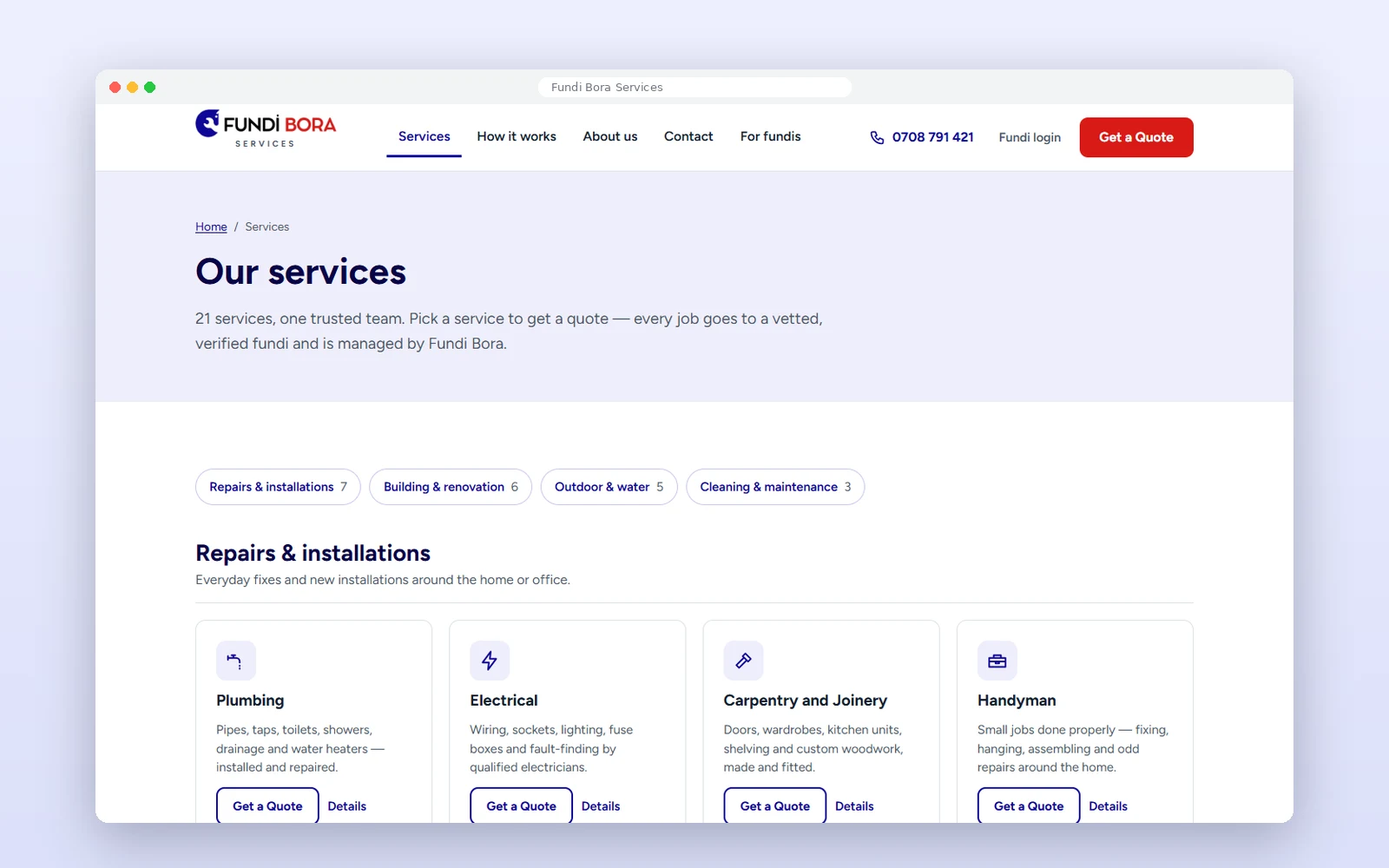 Fundi Bora Services — services page, built and live