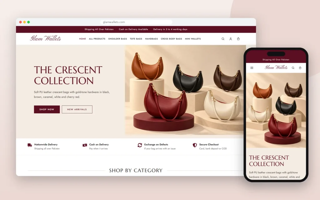 Glam Wallets — handbag store, designed and developed