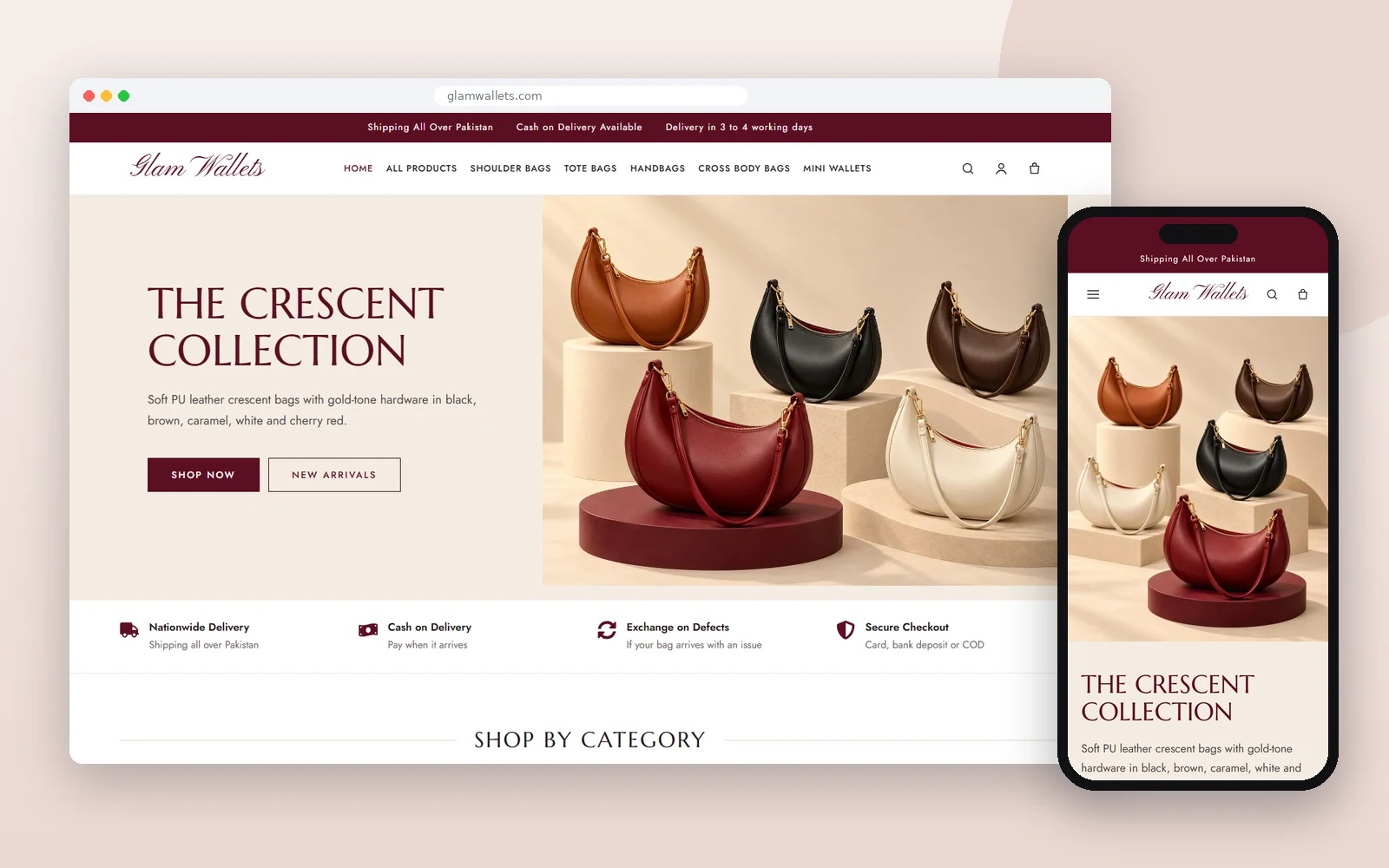 Glam Wallets — handbag store, designed and developed