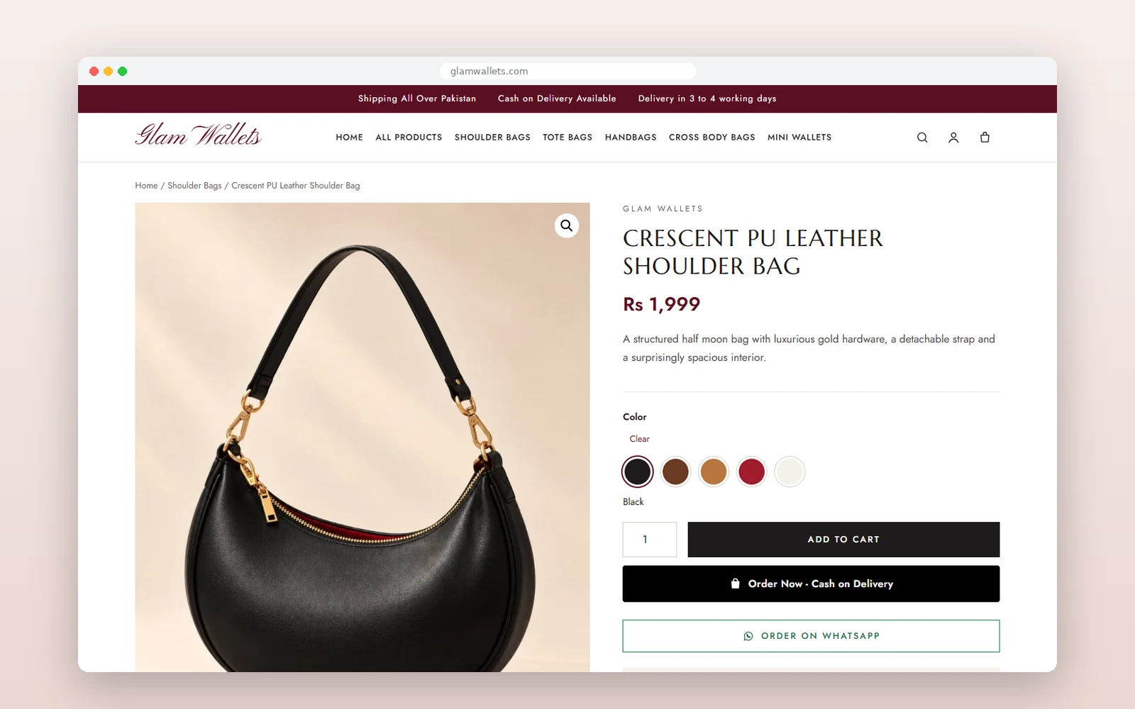 Glam Wallets — product page with cash on delivery and WhatsApp ordering
