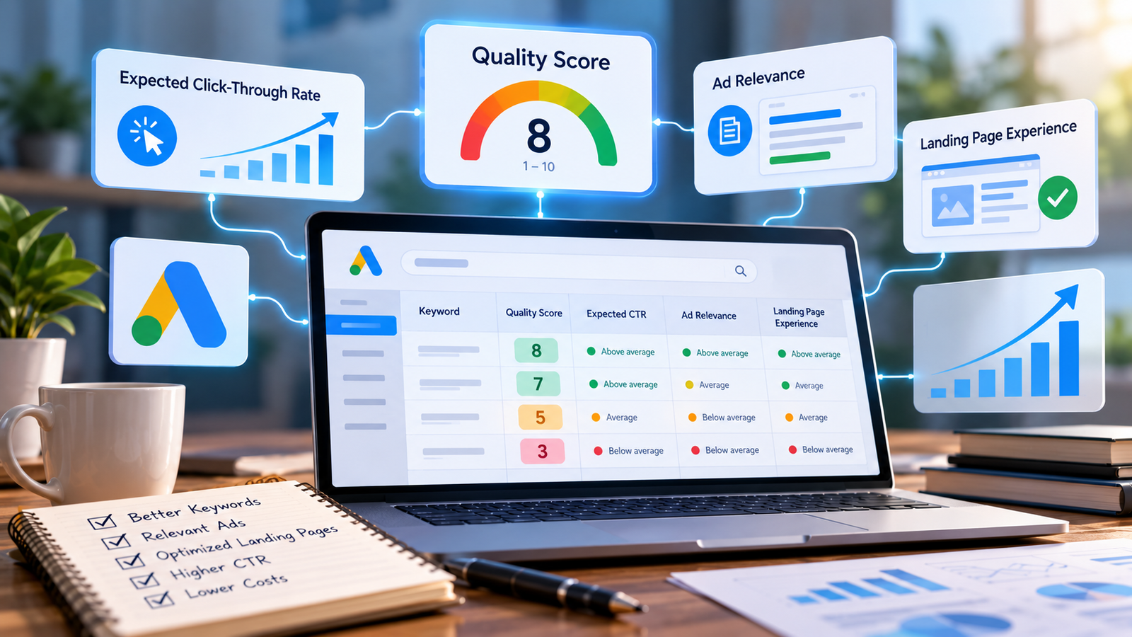 Google Ads Quality Score dashboard showing a score of 8 with ad relevance and landing page metrics