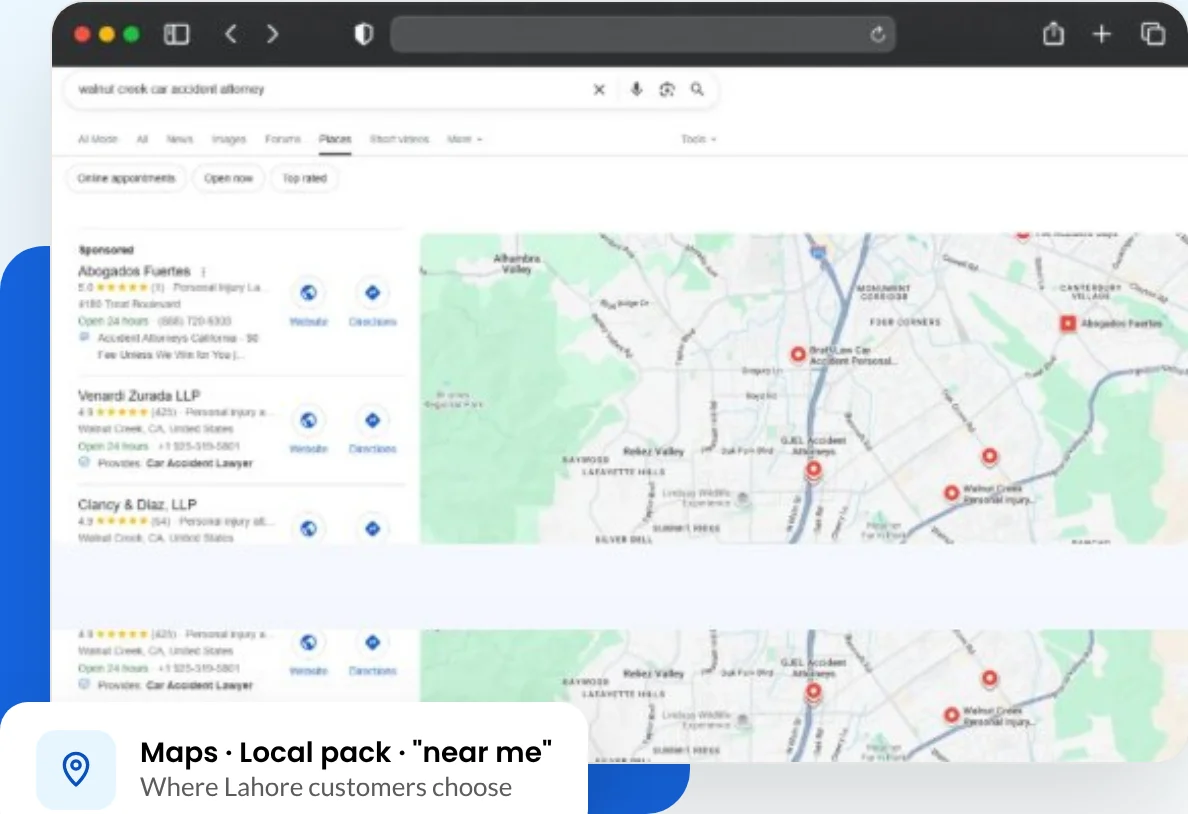 Google Maps local pack results showing nearby businesses ranking for a local search