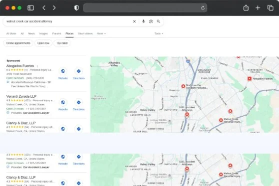 Google Maps local pack results for a service business, showing ranking listings managed through white label SEO
