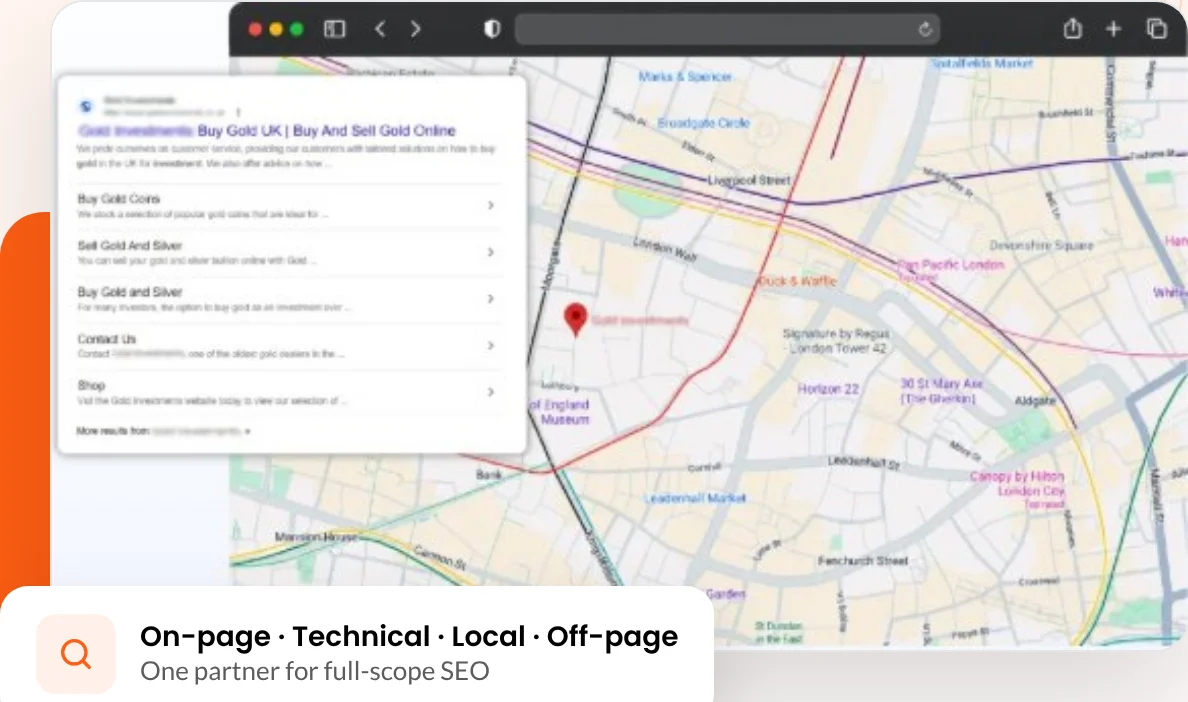 Google search results and map listing for a client business, delivered through white label SEO