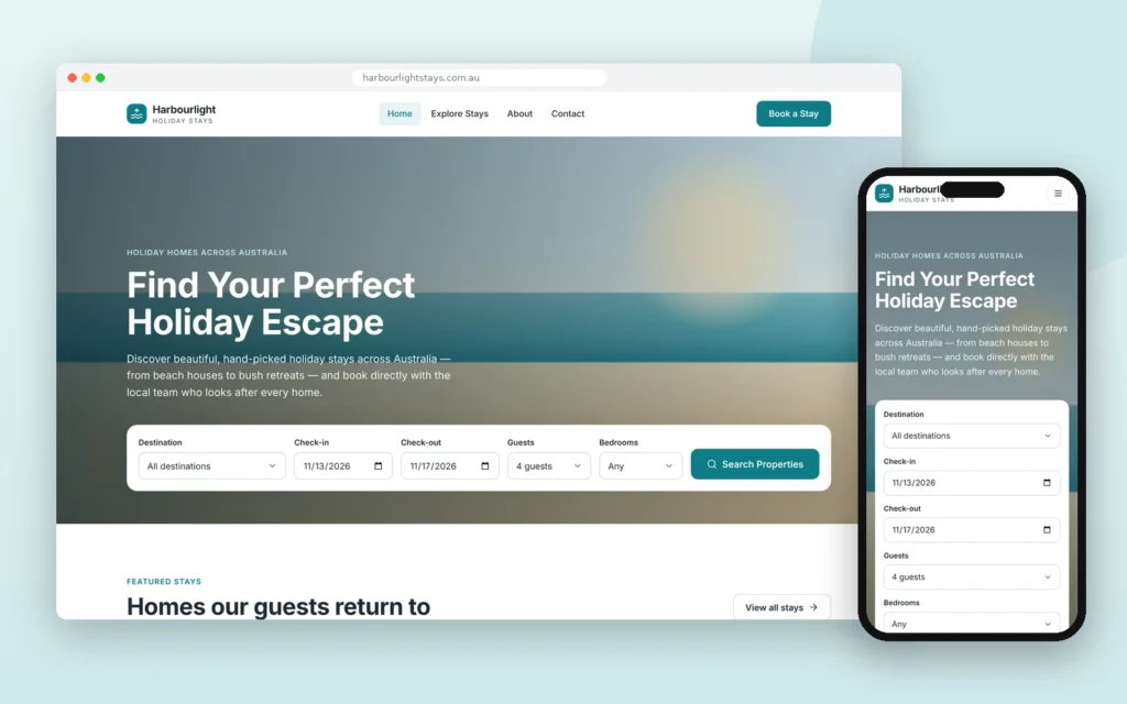 Holiday booking website design shown on desktop and mobile
