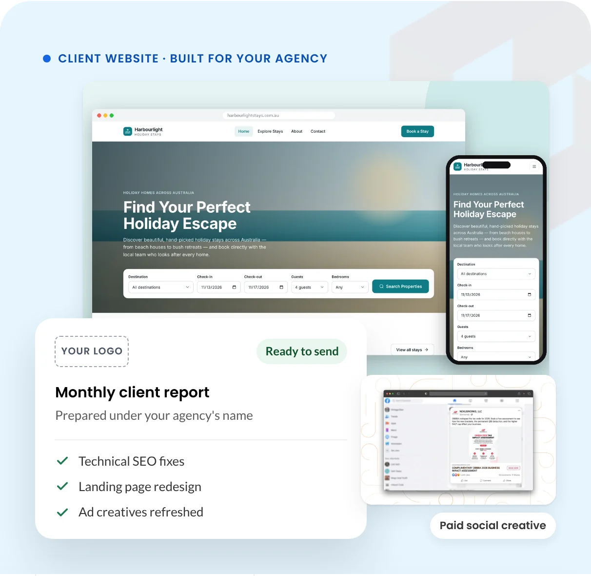 Holiday booking website design shown on desktop and mobile
