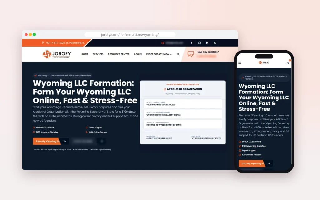 Jorofy Wyoming LLC formation landing page, designed and developed by SERPISTAN (desktop and mobile)