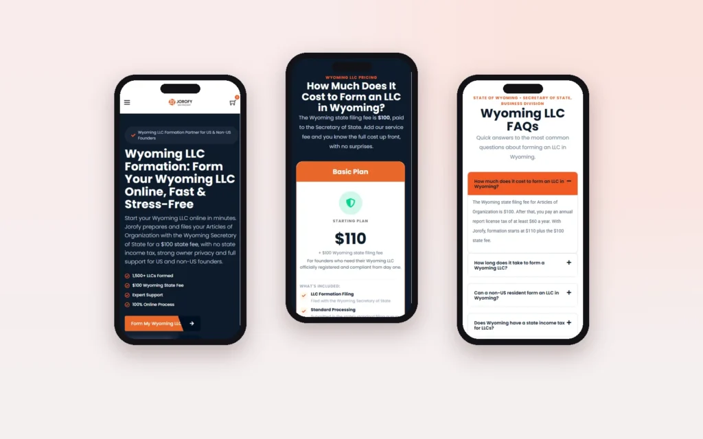 Jorofy Wyoming LLC page on mobile: hero, pricing plans and FAQs