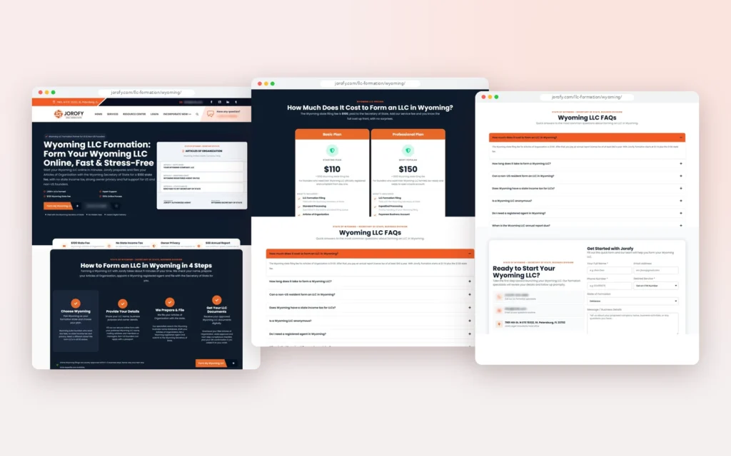 Jorofy Wyoming LLC page: hero, 4-step process, pricing, FAQs and contact form sections