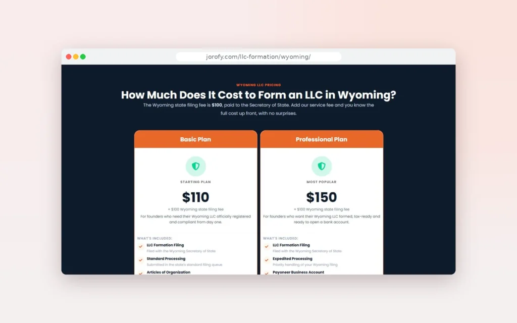 Jorofy Wyoming LLC pricing section with Basic and Professional plans, built and live