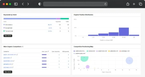 Local SEO report showing keywords by intent and competitor positioning