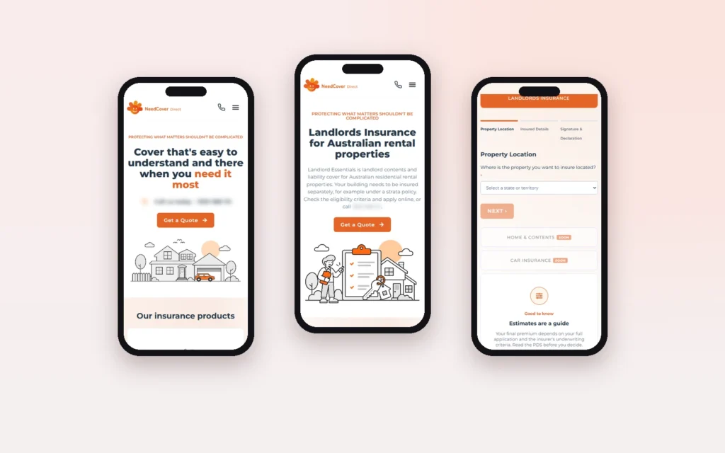 NeedCover Direct website on mobile: home, Landlords Insurance and quote form