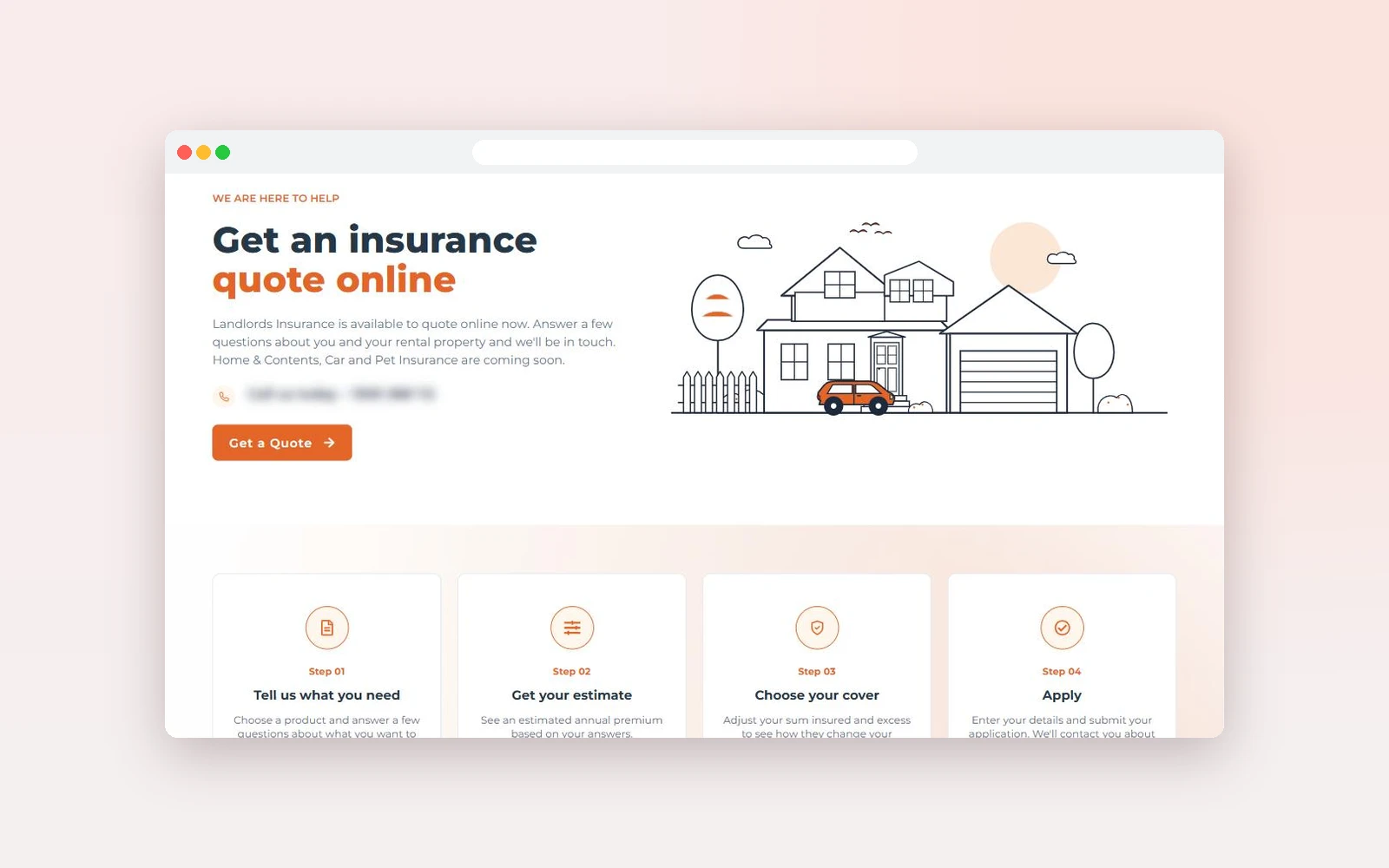 NeedCover Direct Get a Quote page with the four-step application process, built and live