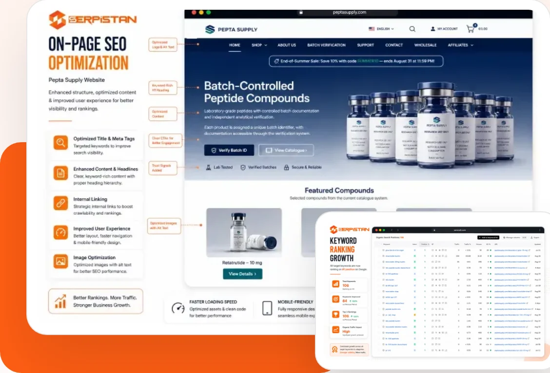 On-page SEO and website optimization for a peptide and research products company