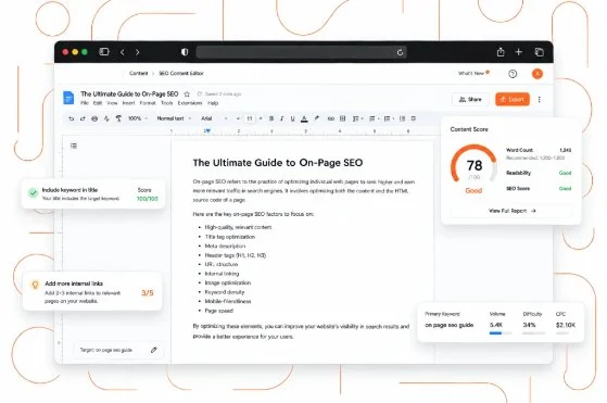 On-page SEO content editor with a content score and optimization suggestions