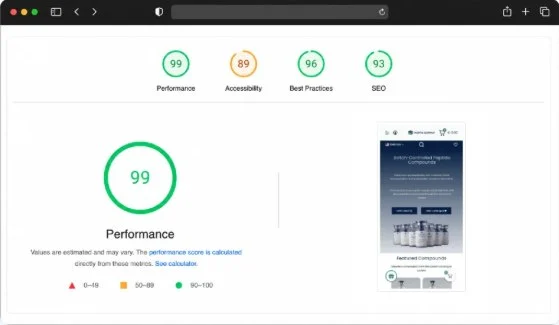 PageSpeed Insights report showing a performance score of 99