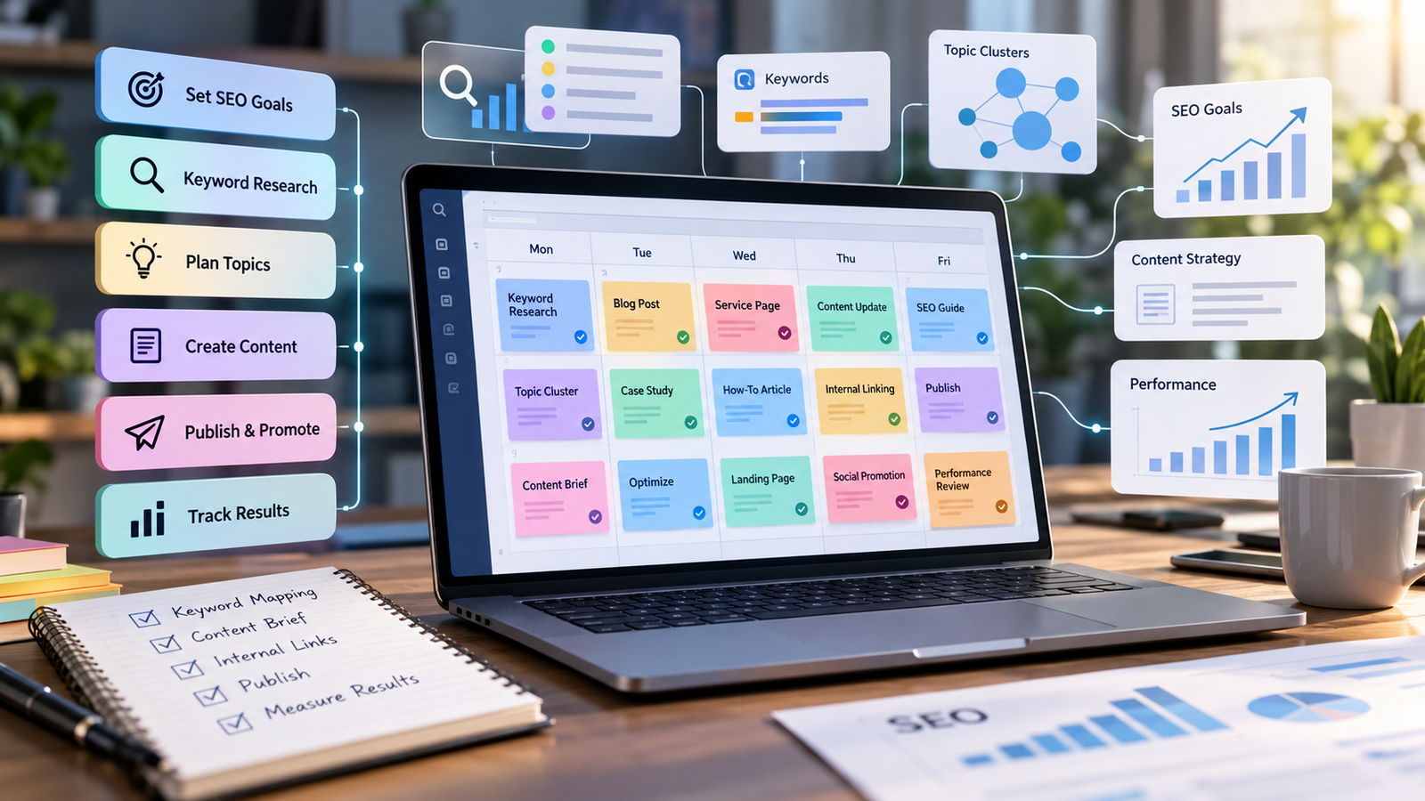 SEO content calendar and content strategy planning workspace on a laptop