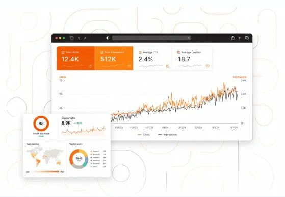 SEO performance dashboard showing clicks, impressions, average CTR and position trends for an agency client