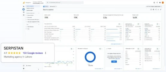 Search Console report alongside SERPISTAN's Google Business Profile rating card