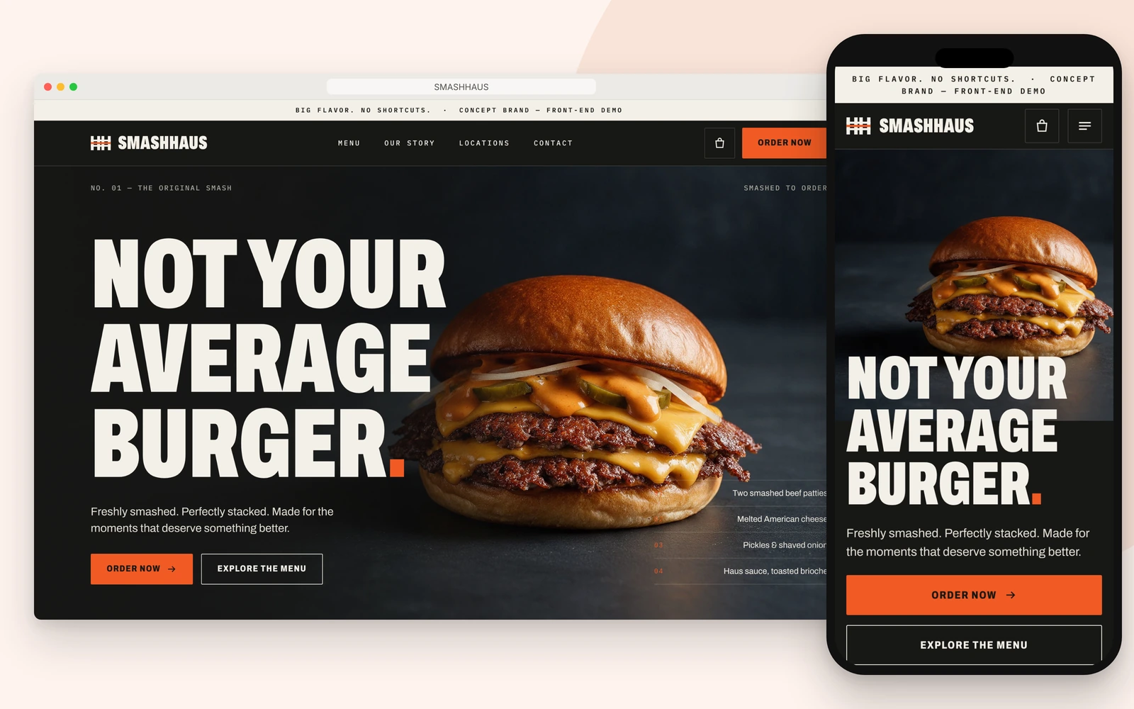SmashHaus fast food ordering website design on desktop and mobile