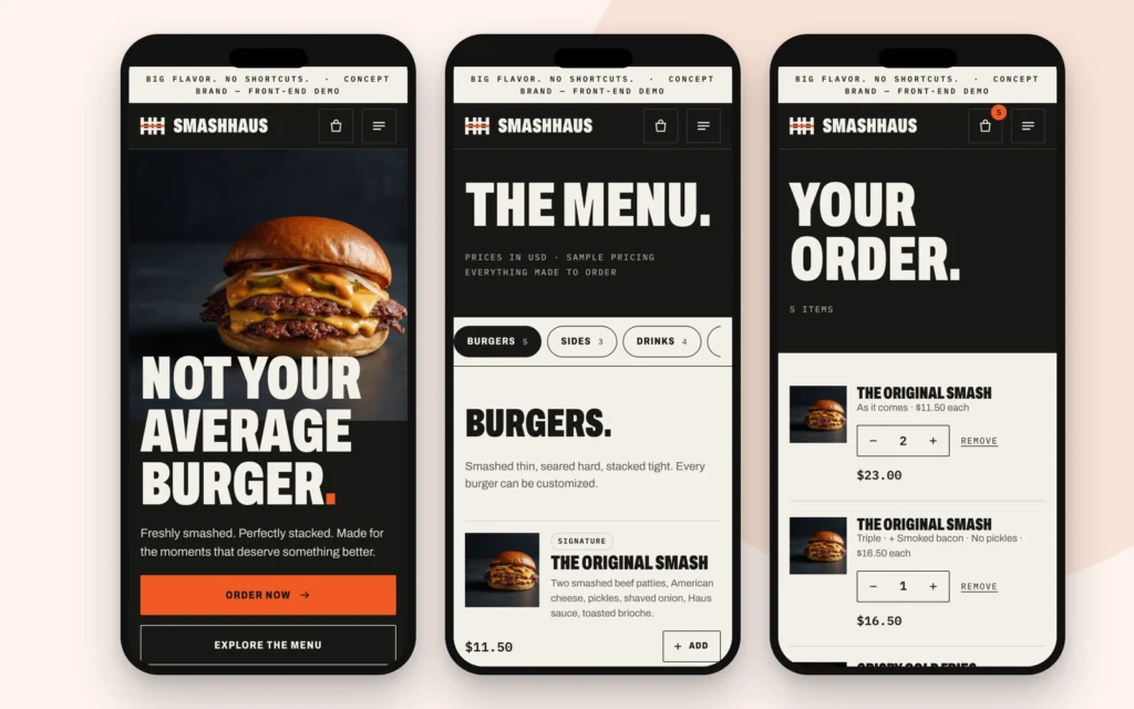 SmashHaus mobile home, menu and cart screens