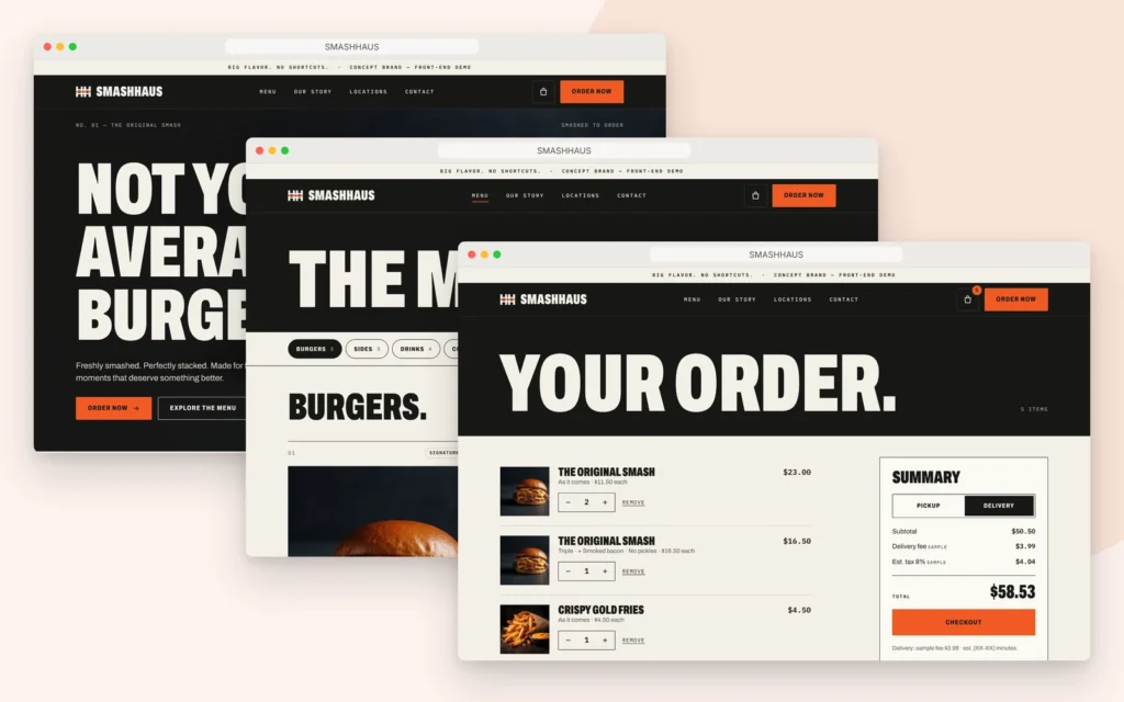 SmashHaus home, menu and order pages