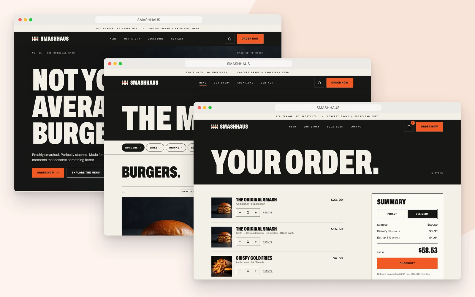SmashHaus home, menu and order pages